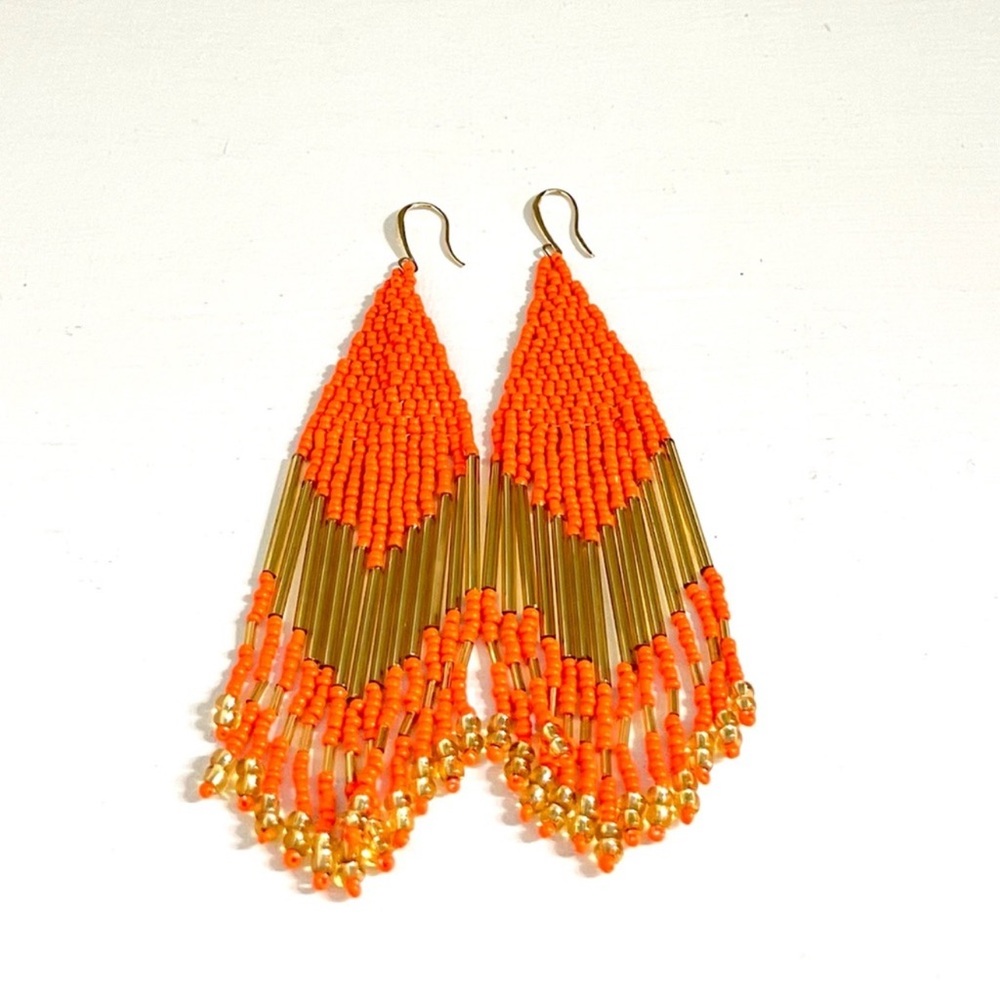 Long Orange and Gold Beaded Earrings